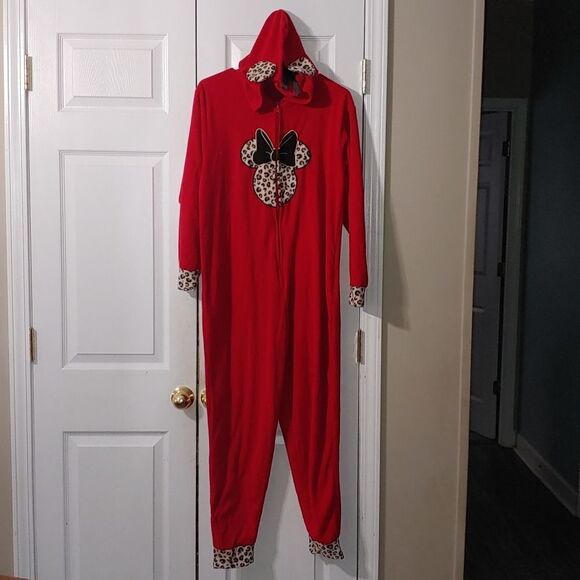 Disney Minnie Mouse Hoodie Leopard One Piece Pajama Onsie SZ M - Picture 1 of 9